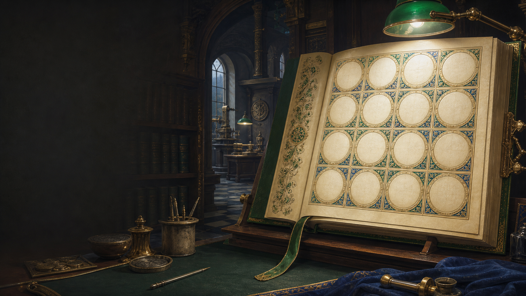 Illuminated mint ledger with a four-by-four grid of blank seals